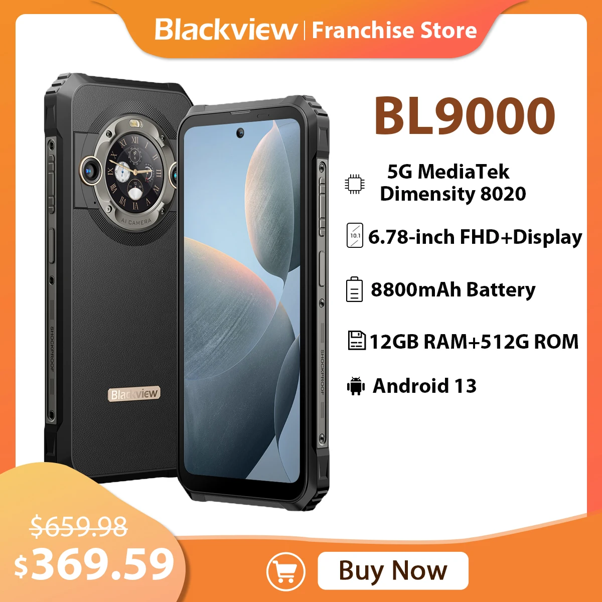 Blackview BL9000 Rugged 5G Smartphone 6.78 Inches 2.4K FHD+Dual Display 50MP Camera 12GB 512GB Android 13 8800mAh Mobile Phone