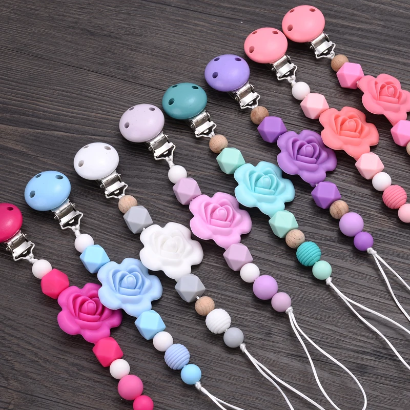 Baby Pacifier Chain Silicone Teether Pacifier Clips Wood Beads Infant Nipple Appease Soother Chain Clip Dummy Holder Nipple Clip