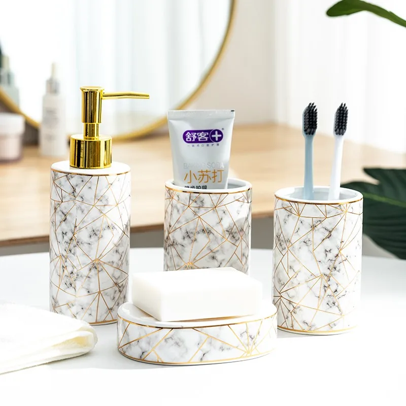 Marble Texture Pattern Bathroom 4pcs Set Northern Europe Ceramics Kit for Restroom Soap Dispenser Toothbrush Holder Soap Box