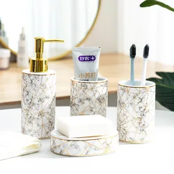 Marble Texture Pattern Bathroom 4pcs Set Northern Europe Ceramics Kit for Restroom Soap Dispenser Toothbrush Holder Soap Box