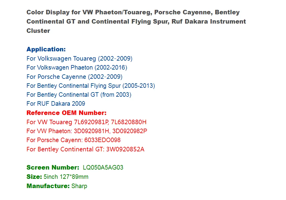 Speedometer LCD for Bentley Continental For VW Touareg For Porsche Cayenne Color Display Pixel Repair