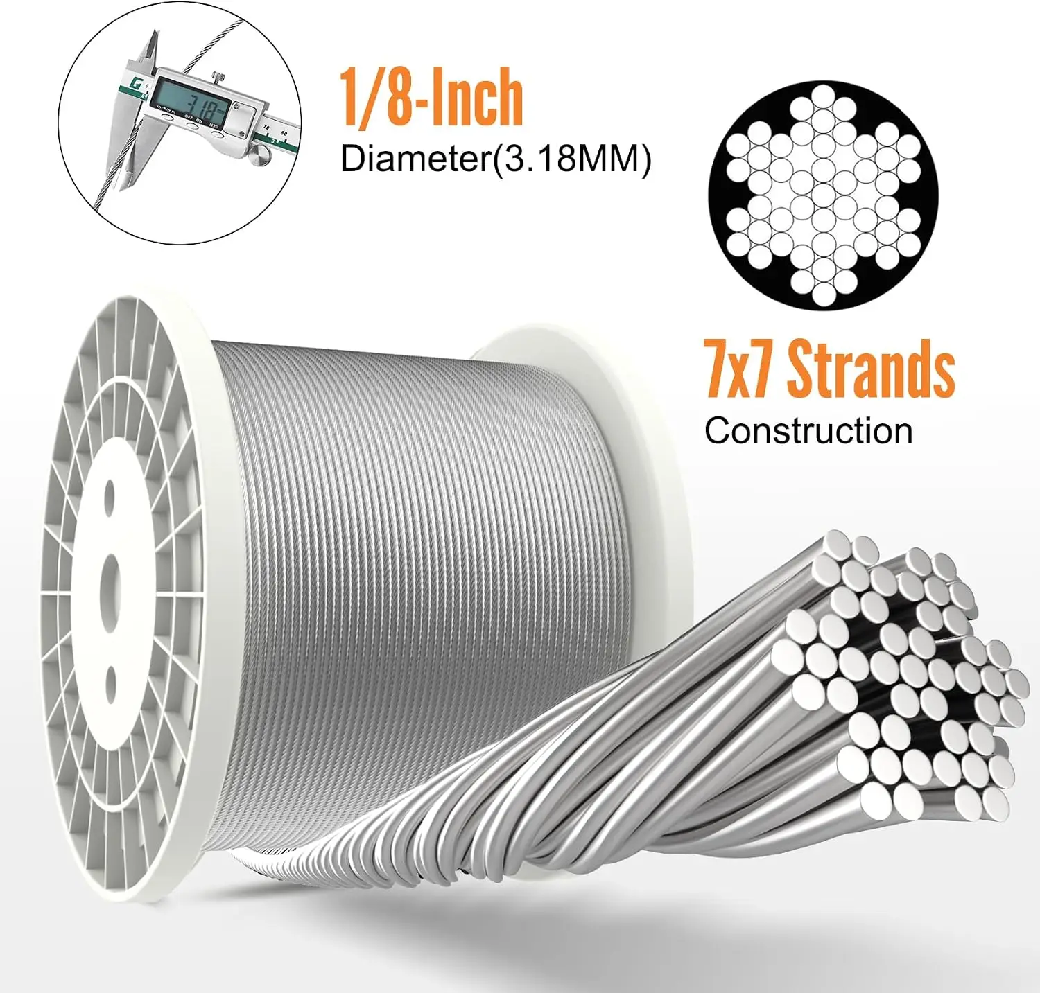 KAIWEI 600FT 1/8' T316 Marine Grade Stainless Steel Cable for Lifting Wire Rope Stainless Steel Cable