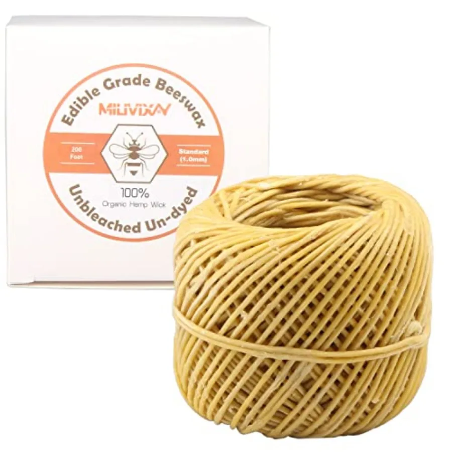 

Hemp Wick with Natural Beeswax Coating, Edible Grade Beeswax, Spool, Standard Size 1.0mm,Unbleached, Un-Dyed and 100% Organic,