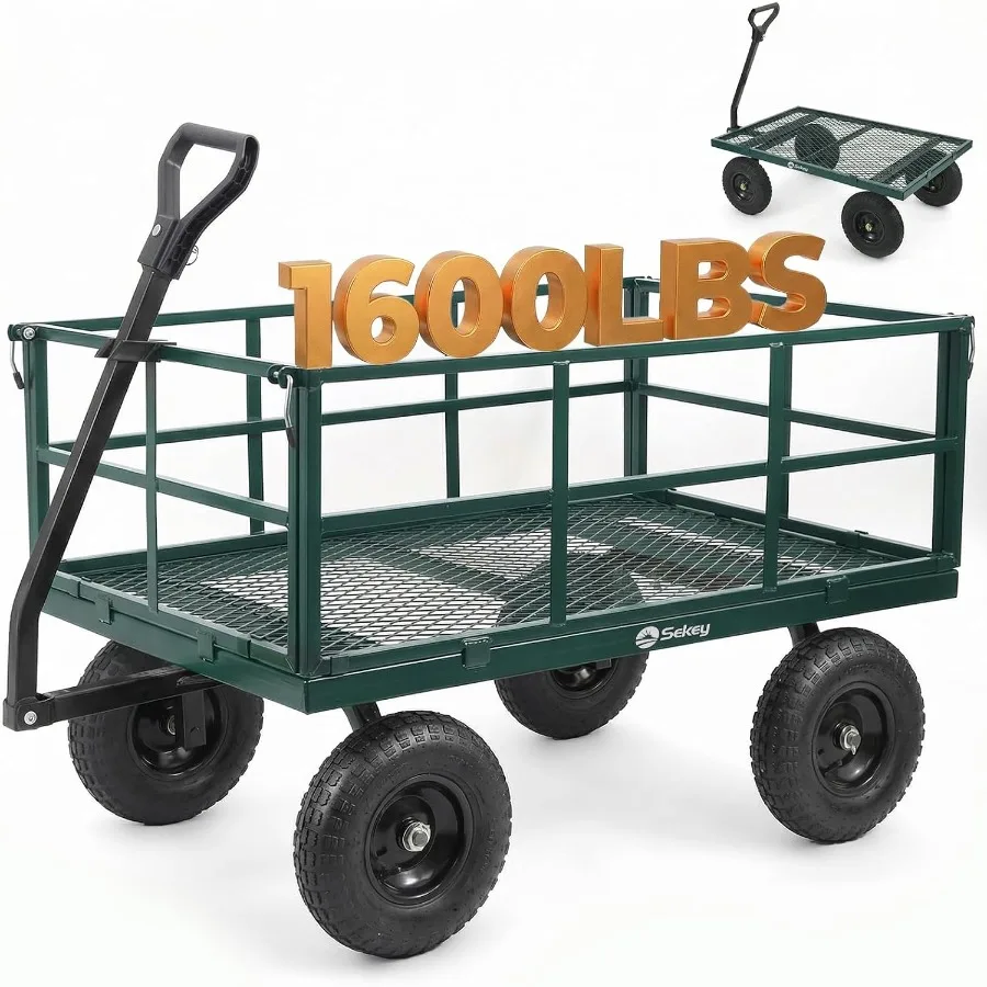 12 Cu Feet Steel Garden Cart, 1600 lb Capacity, Towable Handle