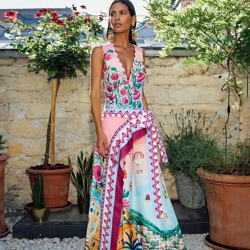 Damski strój kąpielowy i spódniczka, seksowny jednoczęściowy strój kąpielowy z nadrukiem, dekolt w serek, monokini, letni strój plażowy z odkrytymi plecami, wyszczuplający kostium kąpielowy.