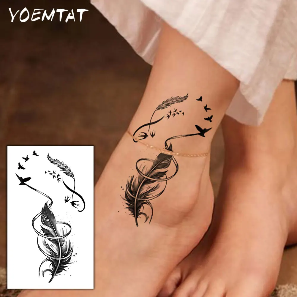 

Waterproof Temporary Tattoo Sticker Black Ring Bird Feather Totem Infinite Line Body Art Arm Fake Tattoos Women Men Neck Wrist