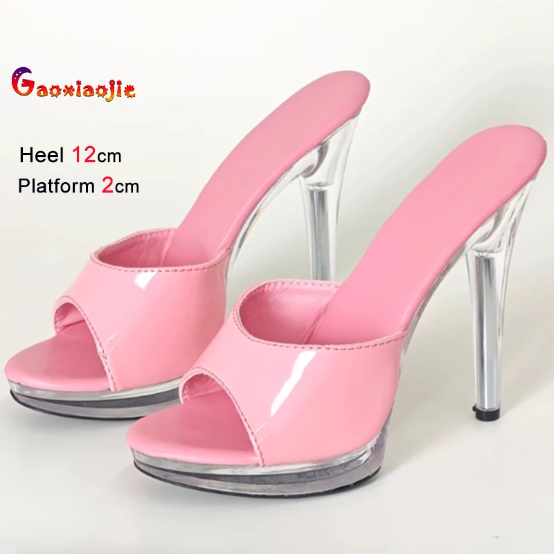 

Новинка 2023 года, розовые женские тапочки, туфли с круглой головкой, на тонком каблуке 12 см, на платформе 2 см, женские туфли-лодочки из лакированной кожи, уличные шлепанцы, размер 41