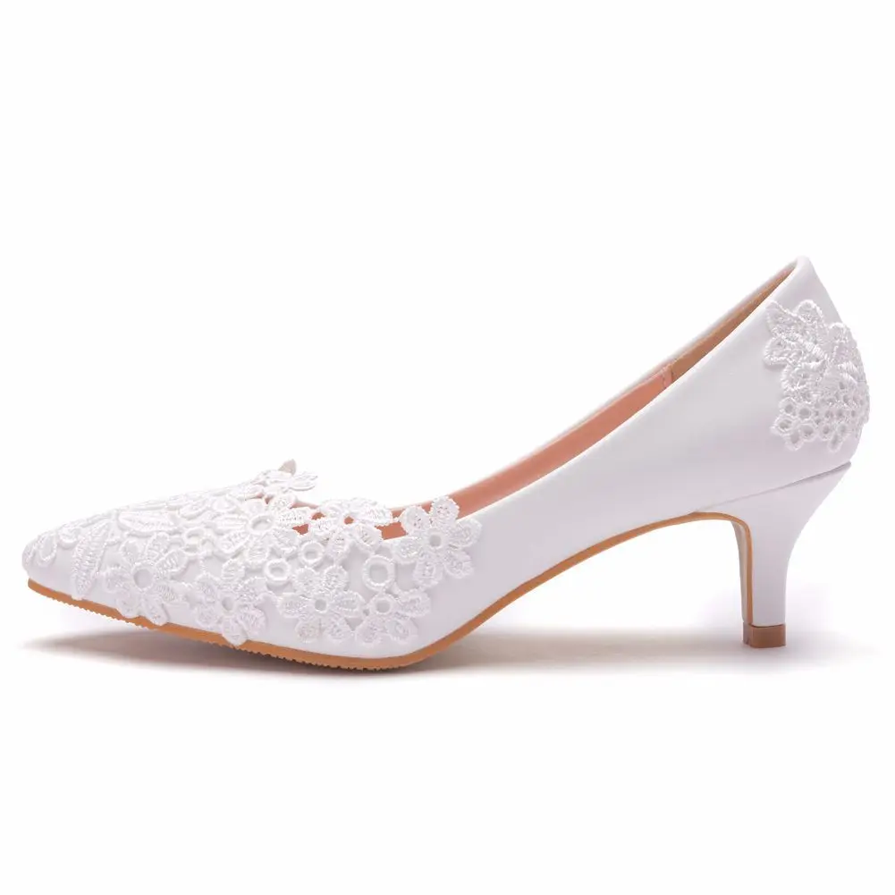 Summer Ballet Flats White Lace Bride Wedding Shoes  Heel Casual Without Heels Women Dress Pumps Sweet Women shoe 5 cm