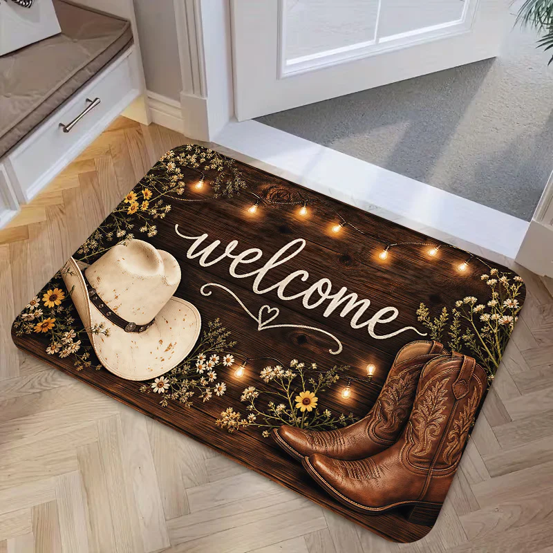 Cowboy Boot Hat Wildflower Welcome Print Non Slip Indoor Floor Mat For Country Theme Porch Decoration