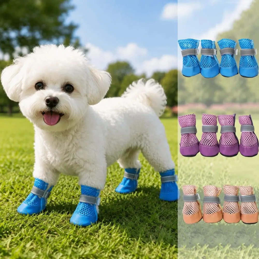 4PCS/SET Non-Slip Pet Mesh Shoes Wear-Resistant Adjustable Pet Paw Protector Soft Sole Breathable Dog Foot Covers Training