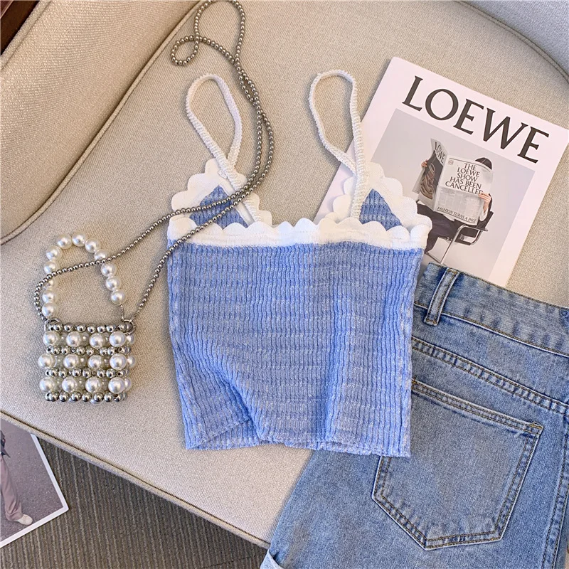 Summer Blue Slim Knit Vests Crop Tops Women Sleeveless V-neck Knitwear 2024 New Fashion Sexy Stylish Chic Ladies Women Vest