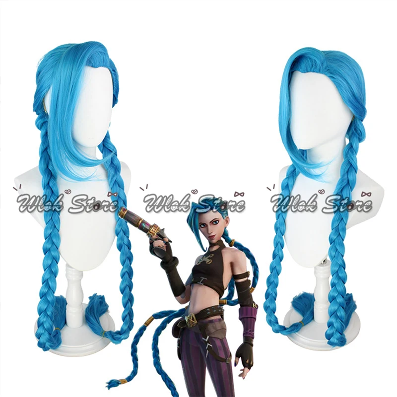 Game LOL Jinx Arcane Cosplay Wig Tattoos Stickers Women Blue Long Braids Halloween Party Carnival Role Play Costume Accessoies