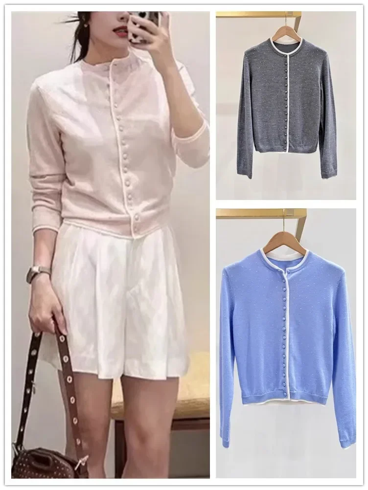 Fake-Two-Piece Women's Hot Diamond Decoration Long Sleeve Single Breasted Slim Knitted Cardigan Sweater