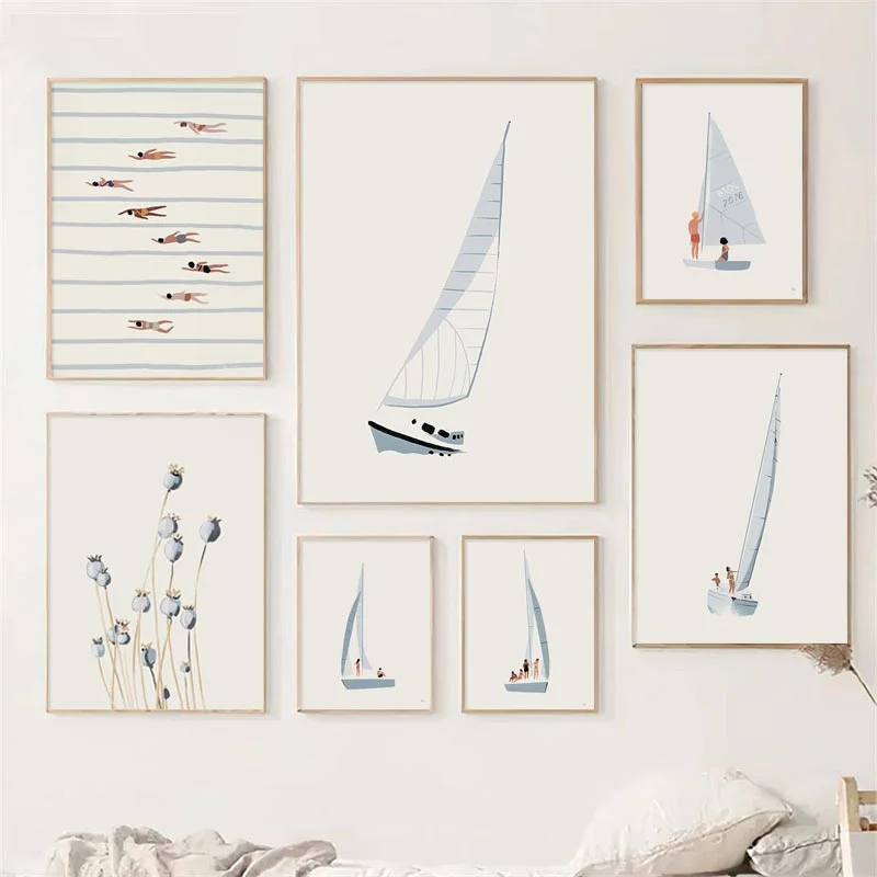 Sailboat Swimming Pool Ocean Floral Minimalist Wall Art Canvas Painting Posters And Prints Wall Pictures For Living Room Deco