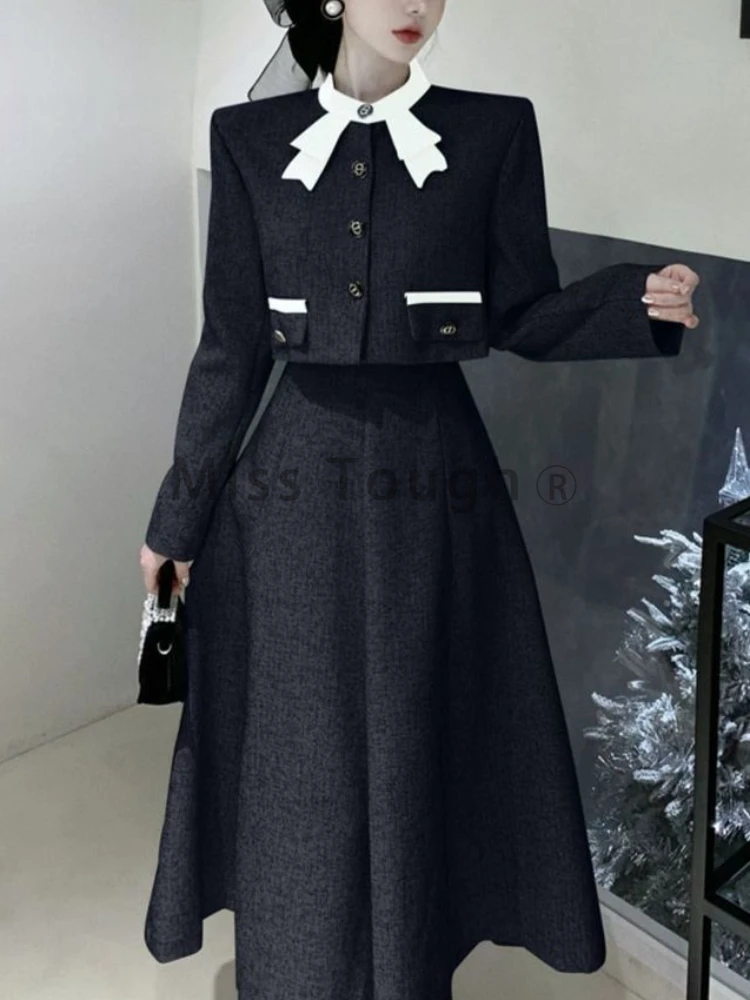 Korean Elegant Two Piece Set Women Autumn Chic Bow Coat Folds Midi Skirt Set Vintage Office Lady Fashion Party Skirt Suit Winter