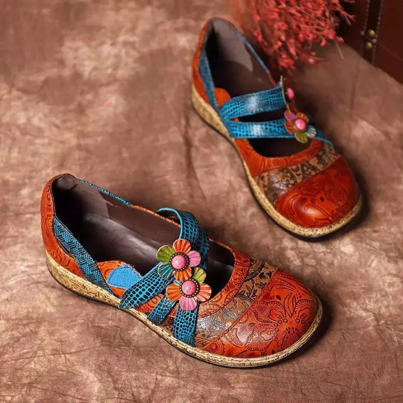 Vintage Floral Splicing Colored Stitching Hook Loop Flat Shoes Spring Summer Casual Women Flat Shoes New