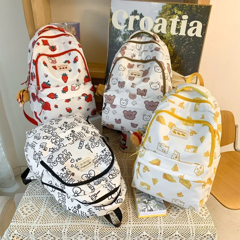 Cute Girls Backpack Waterproof Nylon School Bag 2023 Cartoon Backpack Lovely Rucksack Bear Strawberry Cheese Printed Backpack