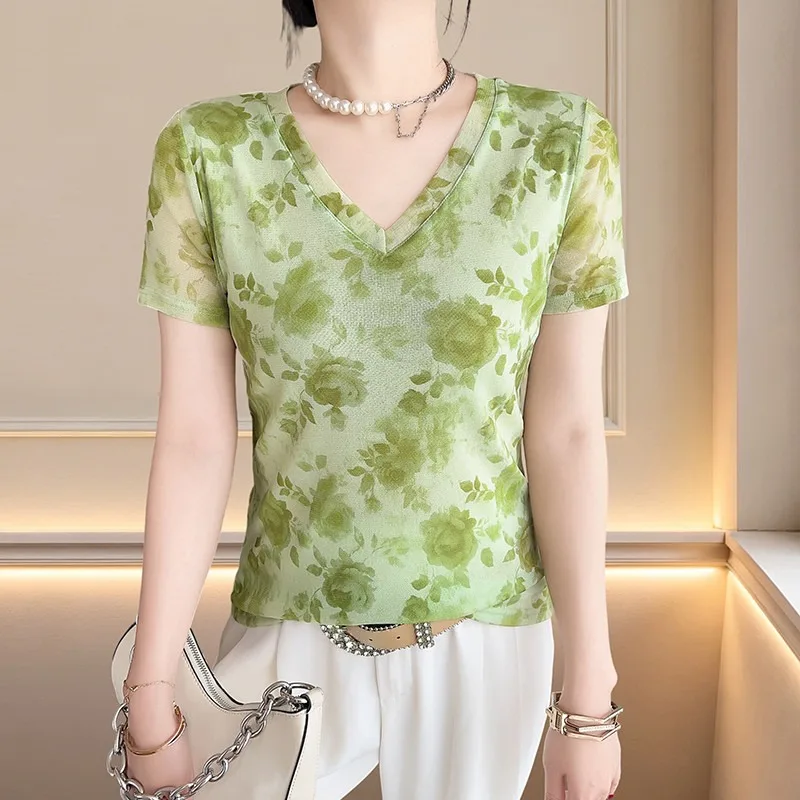 Women Green Rose Print V Neck Mesh Short Sleeve Top Slim Elegant Casual All-match Summer Thin Blouse