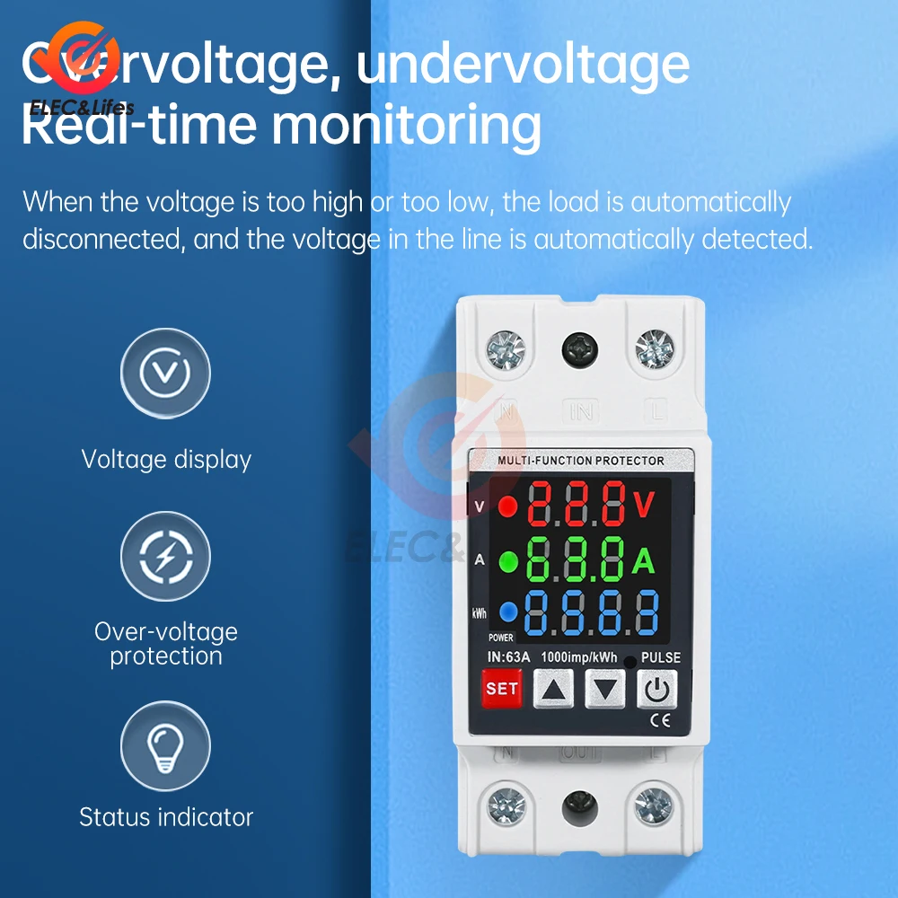 35mm Din rail AC monitor 3IN1 AC 110V 220V 63A Voltage Current Power Factor Active KWH Electric energy Frequency meter VOLT AMP