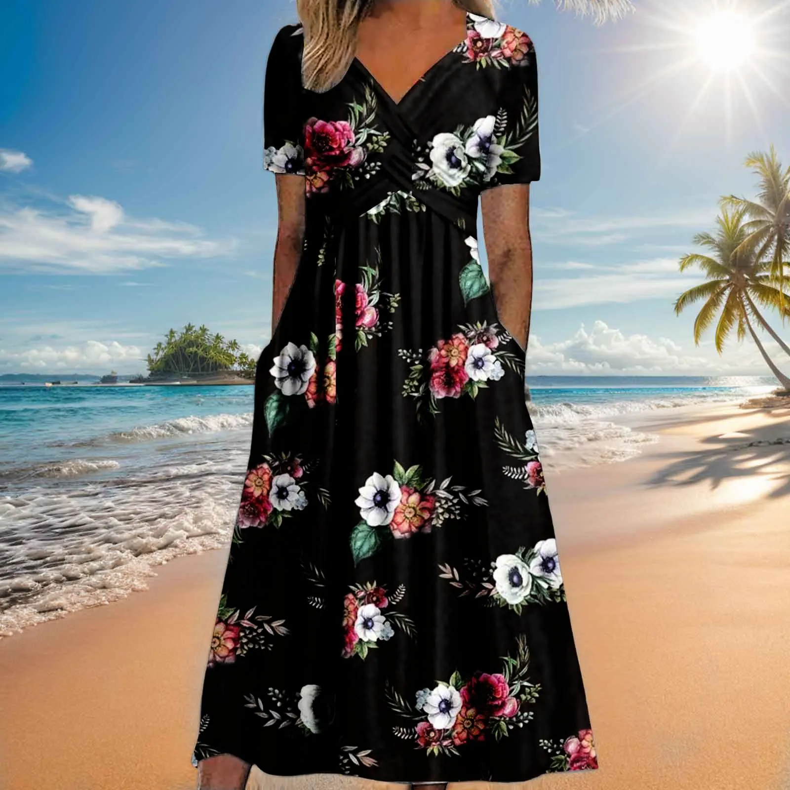 

Women Dress Floral Printed Loose Bohemian V-neck Elegant Retro Beach Summer Fashion Casual Dresses Urban Ropa Long Vestidos