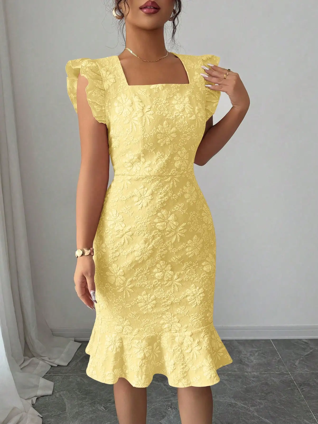 

Elegant Jacquard Ruffle Hem Midi Dress For Summer Commuting