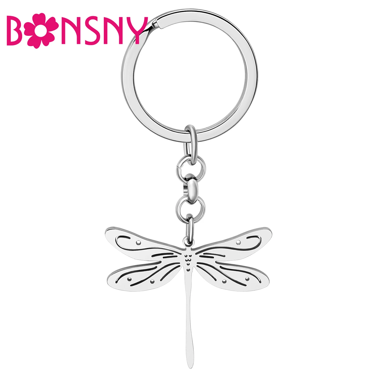 Bonsny брелки из нержавеющей стали с посеребренной стрекозой, кольцо для ключей с насекомым, модные украшения для друзей, подарки, подвески для автомобиля