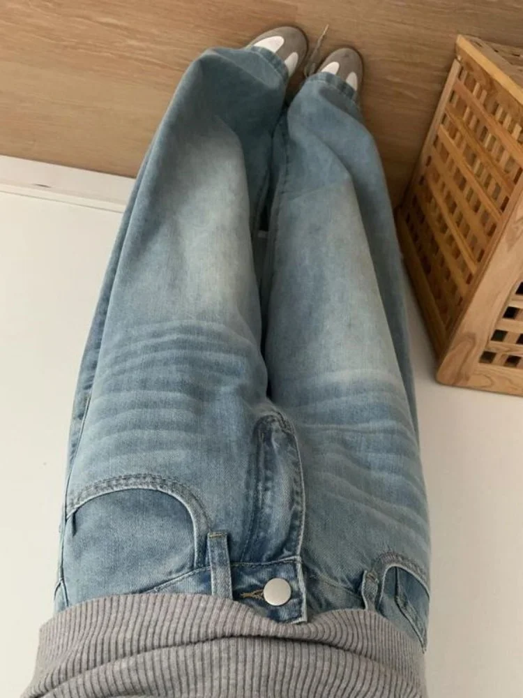 하이웨이스트 와이드 레그 아메리칸 슬레 데님 청바지 여성용 가을 루즈 슬리밍 드레이프 스트레이트 컷 팬츠 캐주얼 웨어