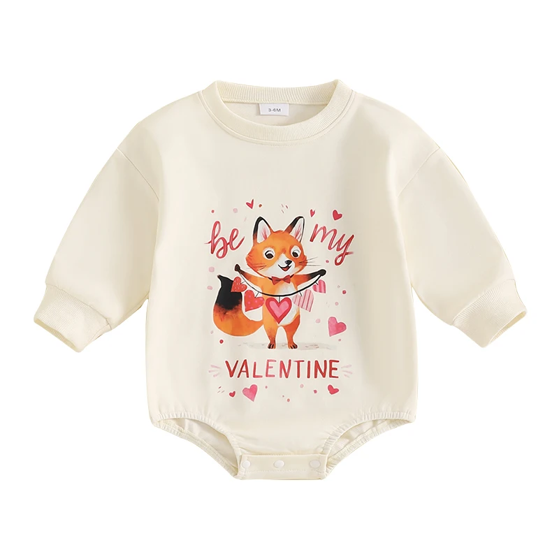 Baby Girls Valentine s Day Romper Long Sleeve O Neck Heart Fox Heart Bunny Print Sweatshirt Romper