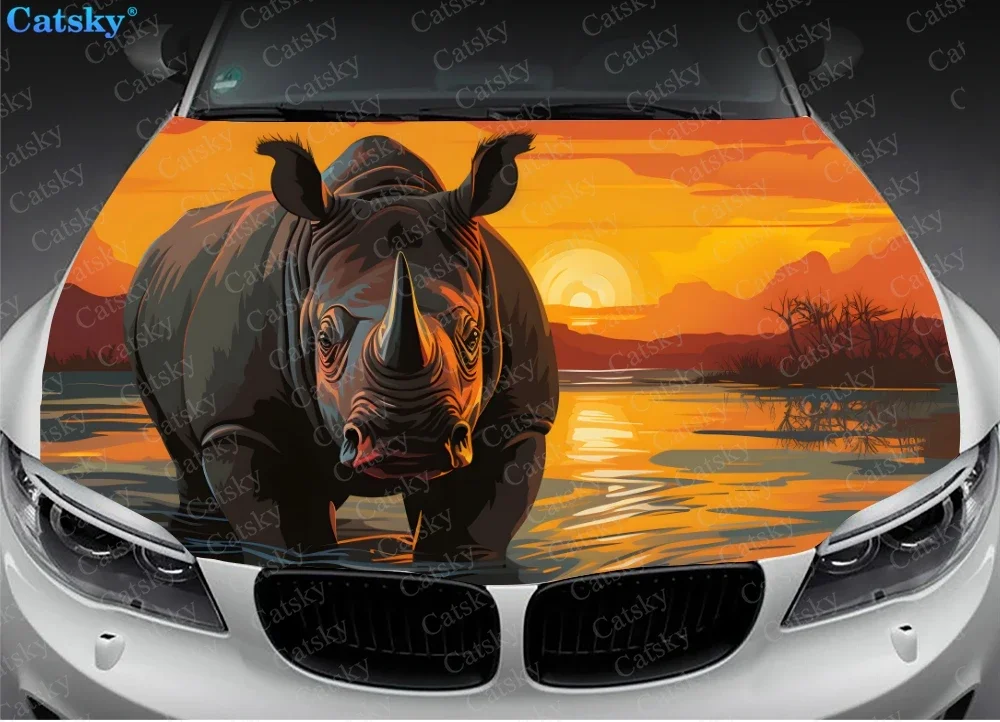 Rhinoceros and African Savana Car Hood Vinyl Stickers Wrap Vinyl Film Engine Cover Decals Sticker on Car Auto Accessories