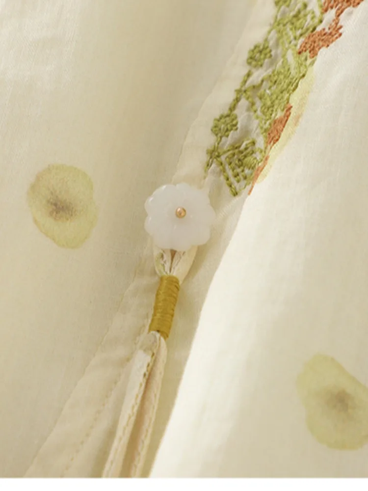 T-shirt ampia vestibilità ampia in lino di cotone ricamato retrò da donna Estate comoda stampa anti-età Top artistico sopra la testa