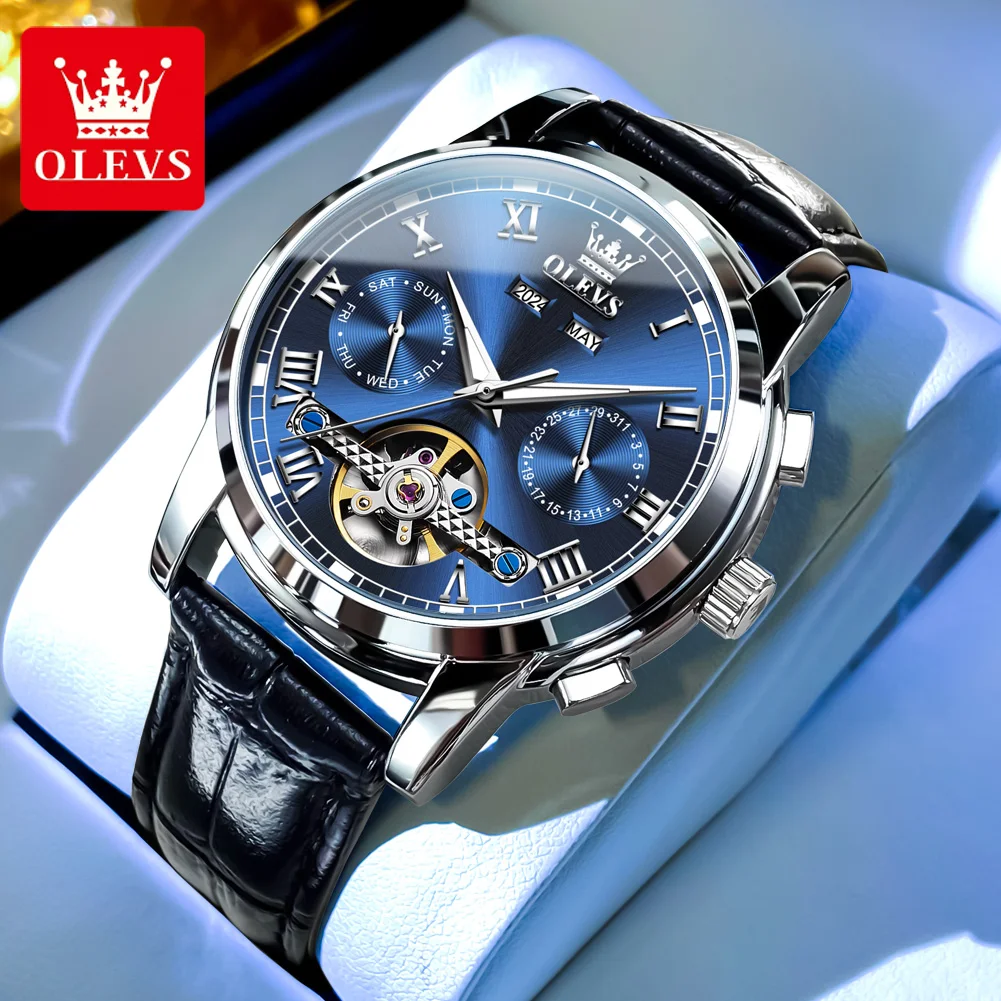

OLEVS Роскошные автоматические мужские часы, оригинальный кожаный ремешок, мужские механические часы с полым скелетом, водонепроницаемые часы с датой 6607