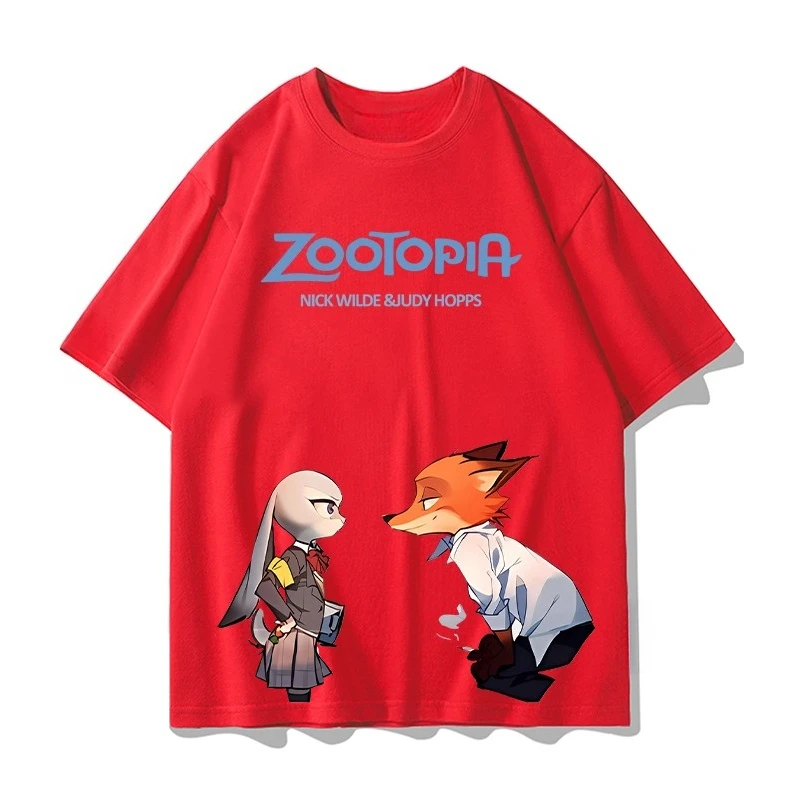 ديزني Zootopia تي شيرتات قصيرة الاكمام الصيف الكرتون جودي نيك زوجين الملابس الرياضية عادية كم قصير الرجال والنساء