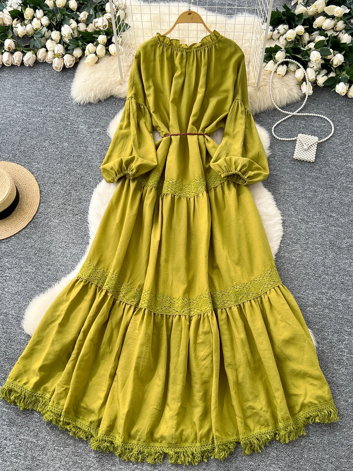 فستان أنيق بأكمام فانوس مزين بالدانتيل مع حزام، فستان نسائي طويل بخصر مرتفع على الطراز الكوري #2