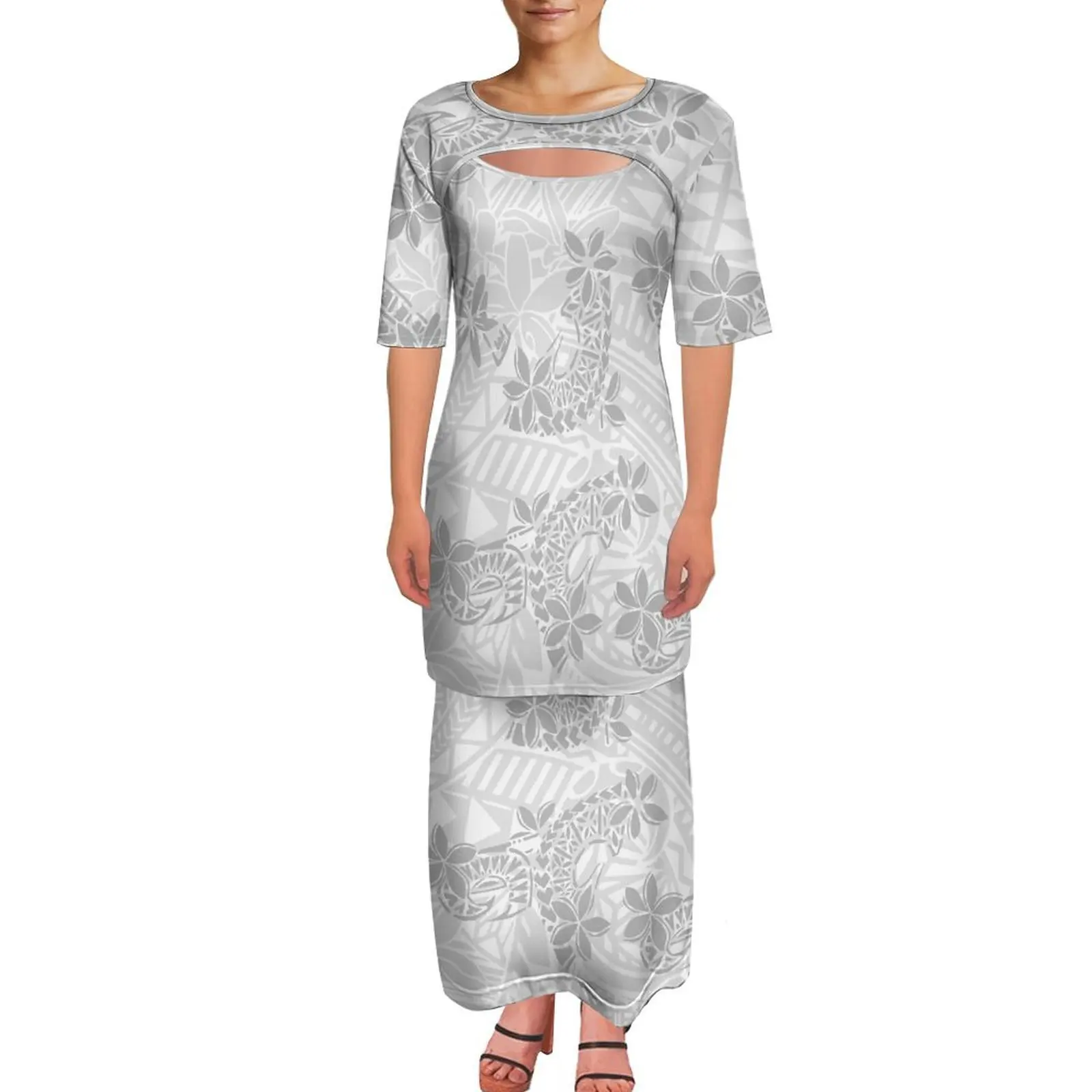 2026 New Polynesian Tribal Style Customized Women'S Dress In White Puletasi Mother'S Day 2-Piece Set