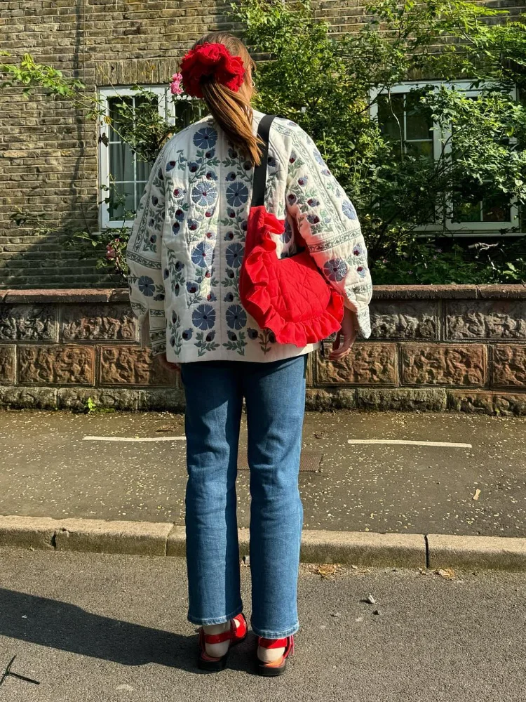 Chaqueta de algodón con estampado Floral para mujer, abrigos ajustados de un solo pecho con cordones y cinturón, moda de invierno, 2024