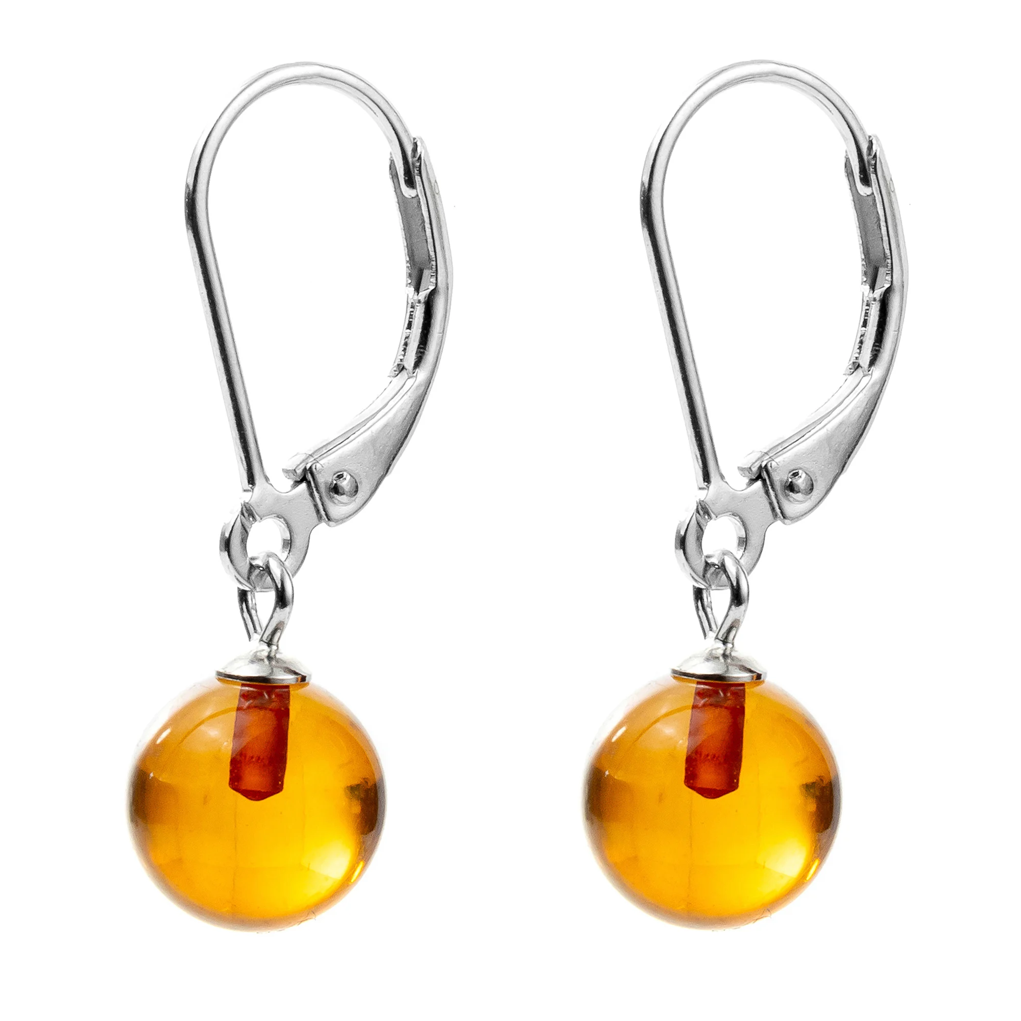 Genuine Baltic Round Amber French Hook Drop Earrings for Women in 925 Sterling Silver, Rich Cognac Color