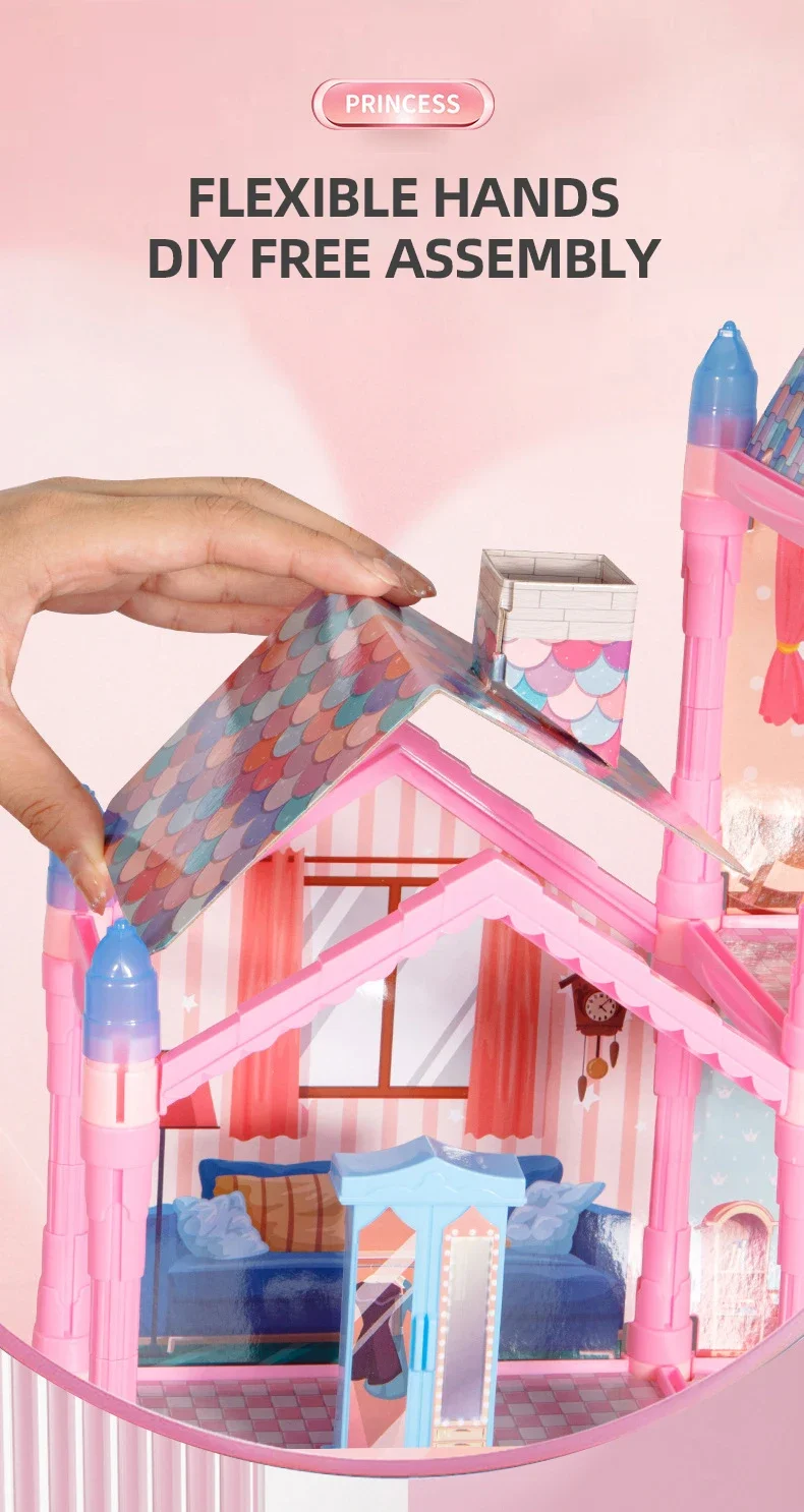 DIY 하우스 플레이 캐슬 장난감 집 조립 만화 장면 시뮬레이션 조명 포함 튼튼한 빌라 블록 소녀용