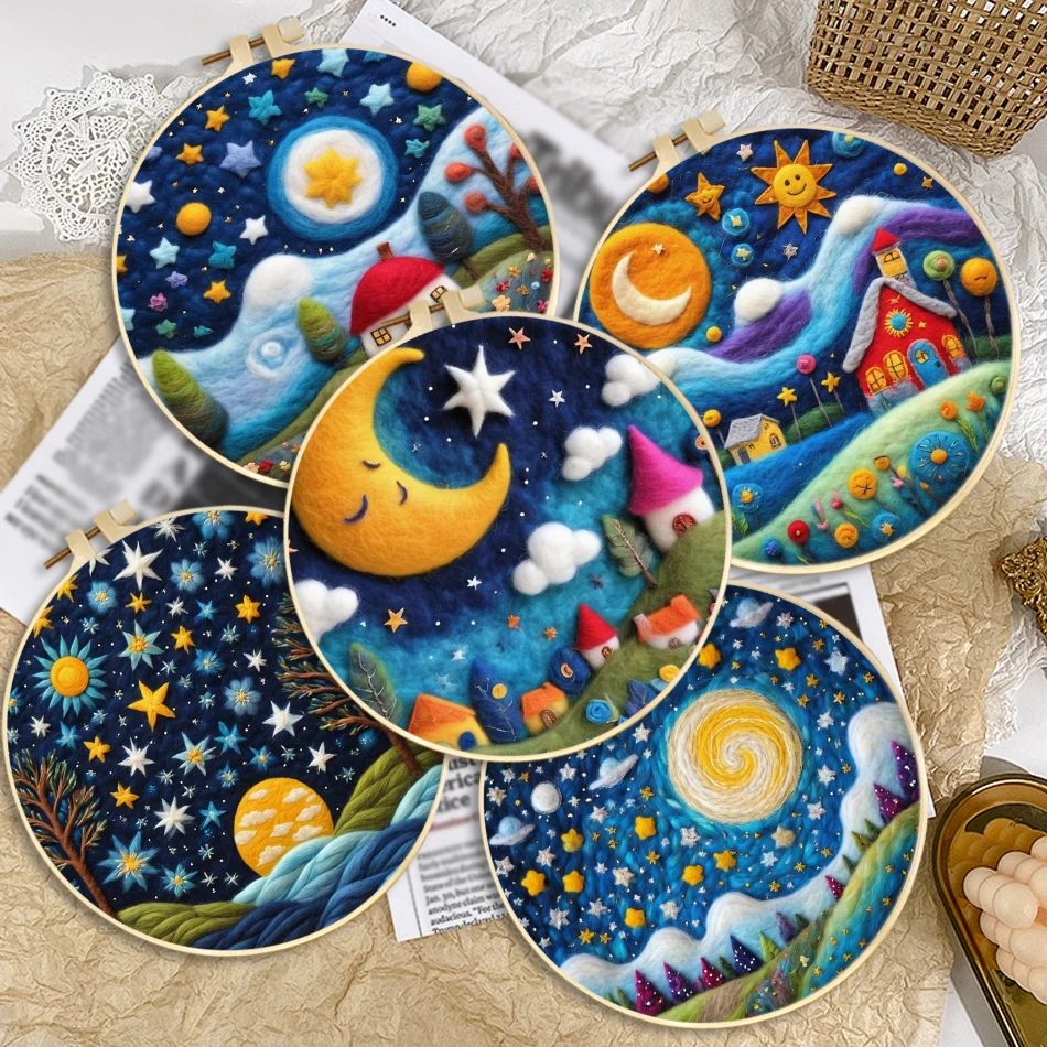 

Star Moon Wool Felt Painting Kit For Beginners Wool Needle Felt Set With Felt Needle Picture Frame Foam Pad And Instructions Hom
