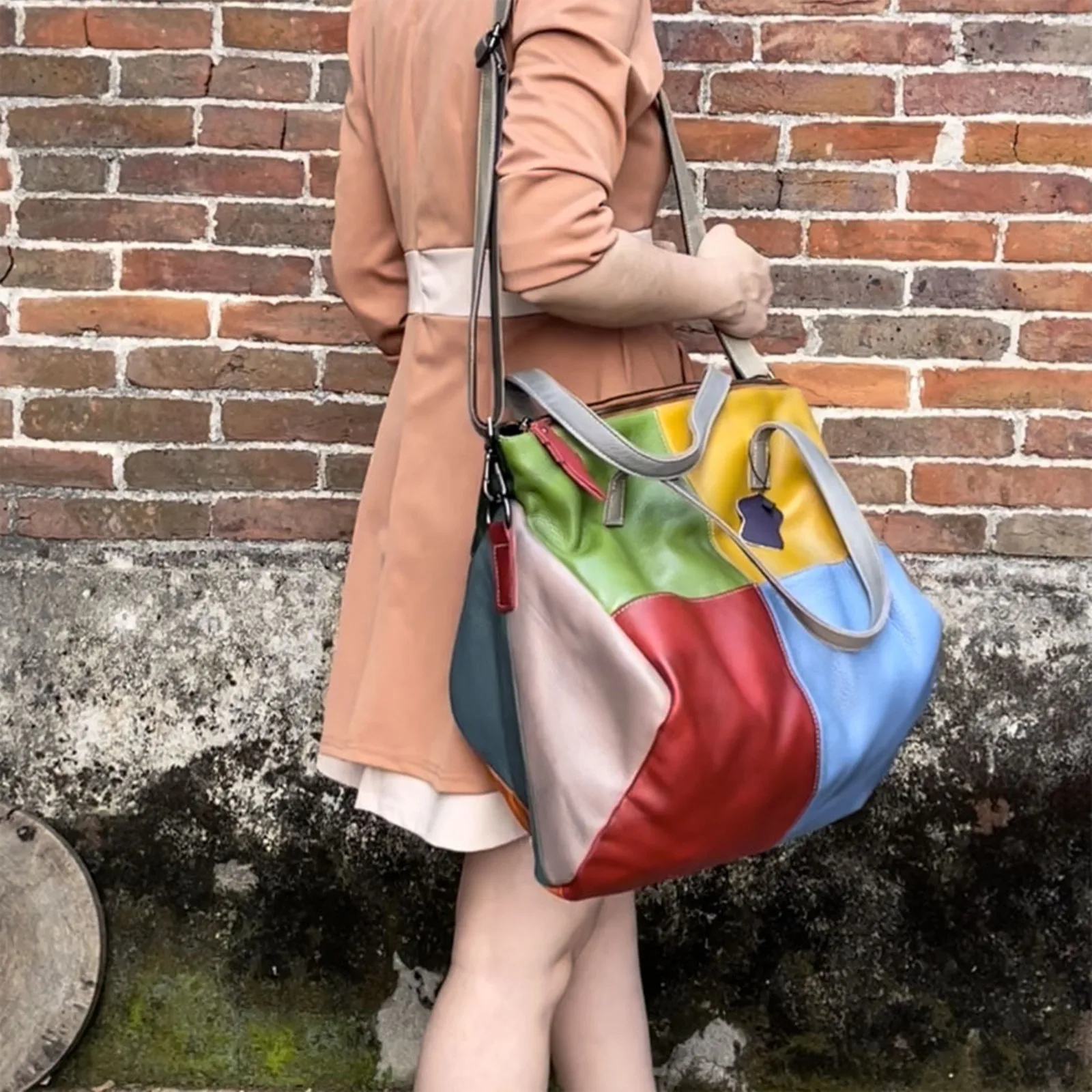 Ms. Splicing Contrast Color Women Handbag Head Layer Cowhide Shoulder Crossbody Bag Girl Travel Messenger Antiquing Storage Case view 3