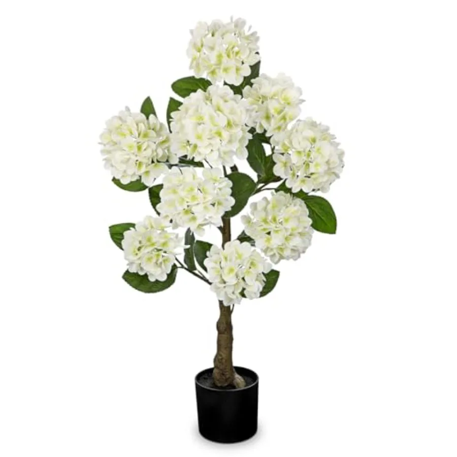 

3Feet White Hydrangea Artificial Flowers Tree Large Real Touch Faux Silk Hydrangea Plants Potted Fake Flower in Black Pot for H