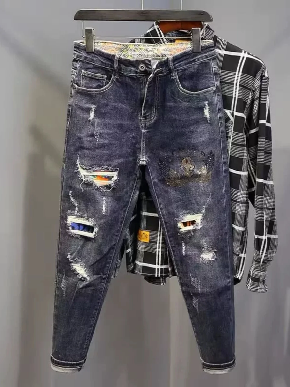 

Мужские джинсы Slim Fit с модной вышивкой в виде разорванного алмаза, повседневные длинные брюки, новинка осени-весны, хлопок...