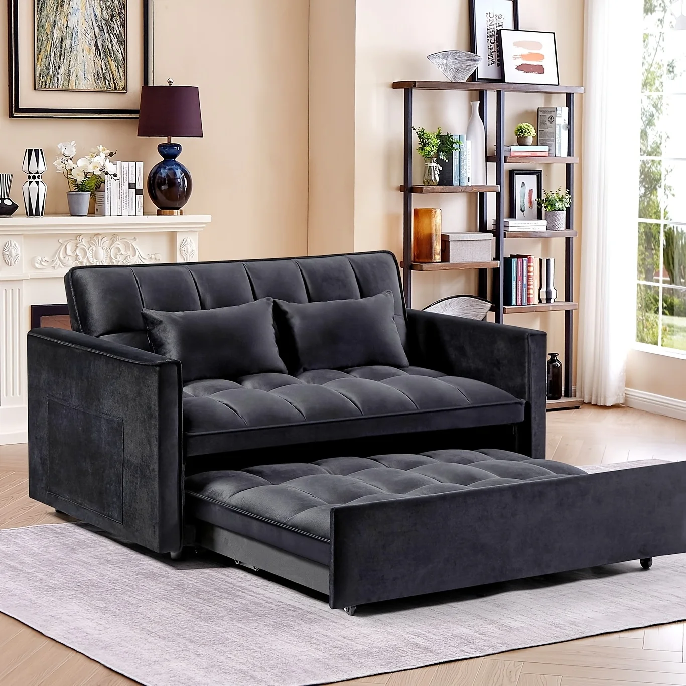 

54" Black Velvet 3-in-1 Convertible Sofa Bed with Adjustable Backrest & Pull-Out Sleeper - Space-Saving Sleeper Sofa