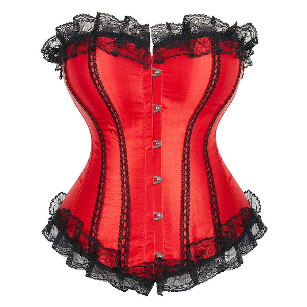 

Overbust Corset Lace Trimmer Waist Bustier Top Satin Red Basques Corselet Korset