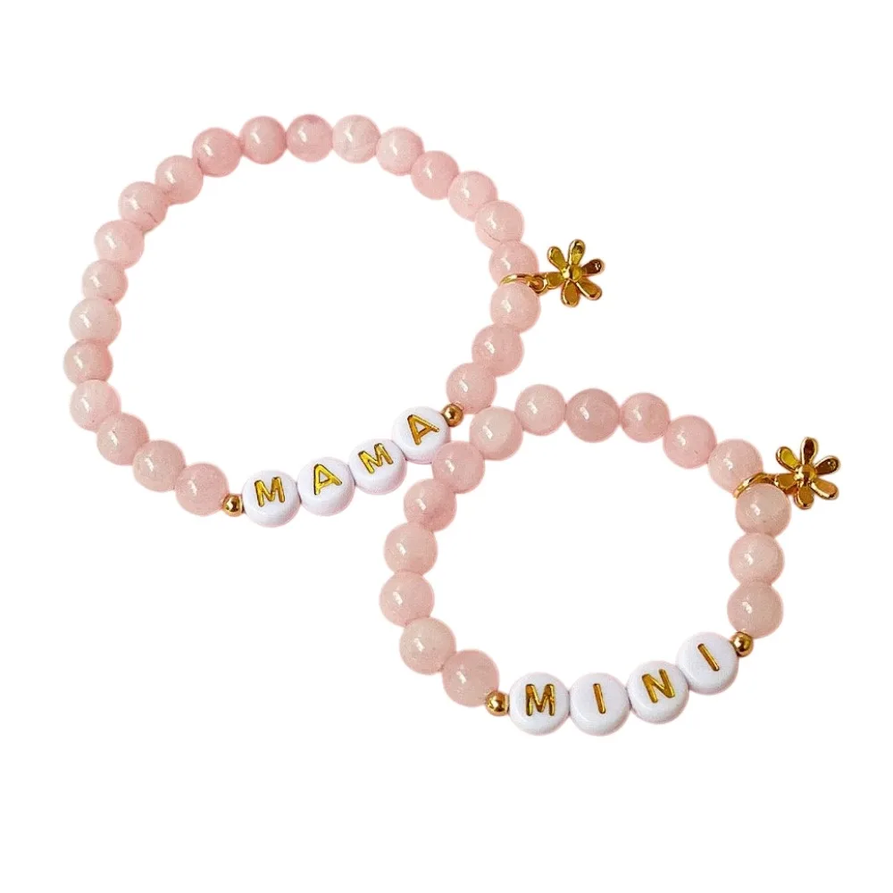 2Pcs Minimalist Mother's Day Bracelet Set Bead Stone Imitation Rose Quartz Mother and Daughter Bangle Elegant Jewelry MINI MAMA