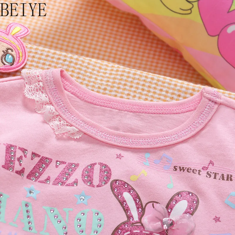 Cute Sweet Crew Neck Tshirt Girls' Clothing Spring Autumn Embroidered Rhinestone Print Long Sleeve T-shirt Children's Wear Top