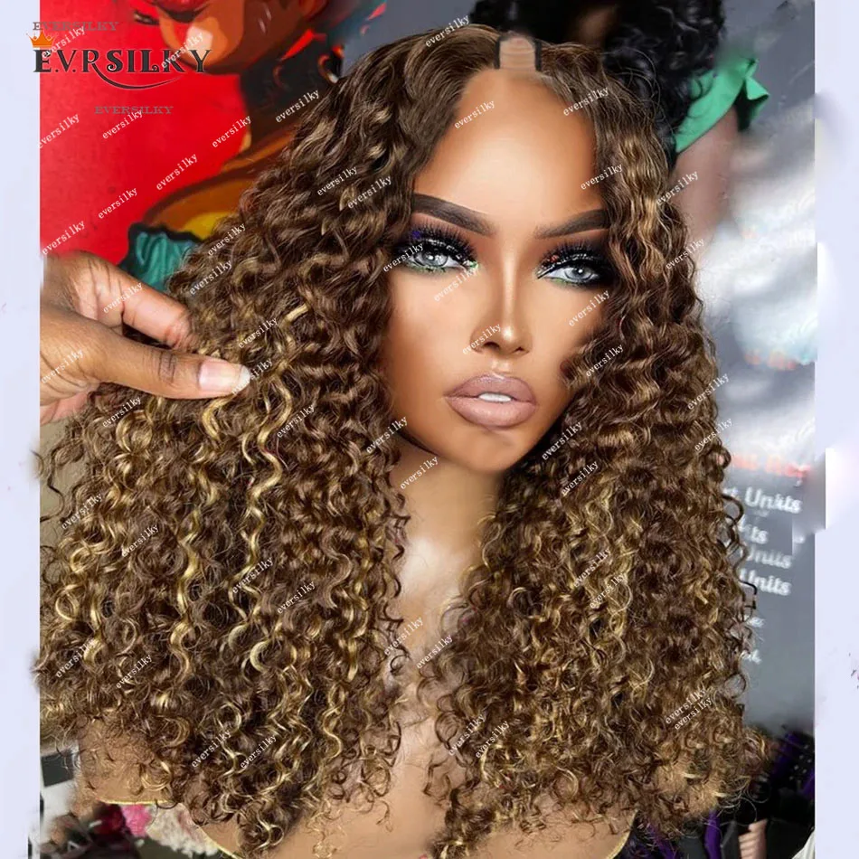 Highlight Honey Blonde brown Bouncy Curly U Part Wigs 100% Human Hair Full Ends Glueless 250Density U Shape Wigs Long 30Inches