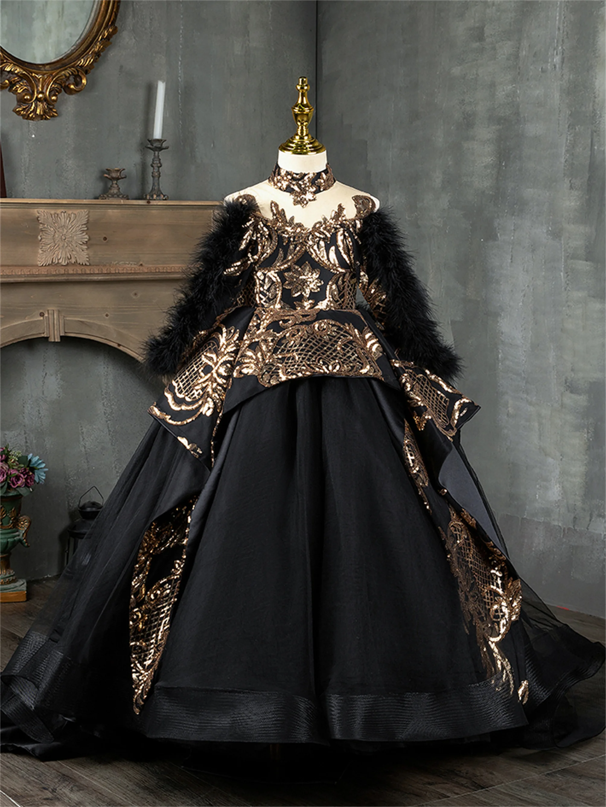 

feather sleeve off shoulder golden lace applique puffy girls black celebration dresses ball gowns custom black photo gown