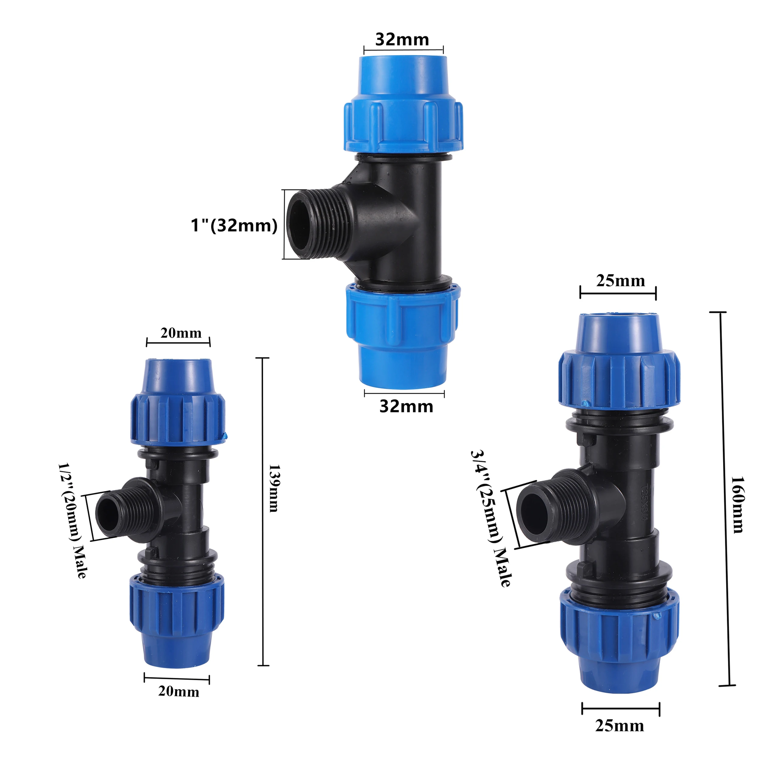 20/25/32mm Plastic PE Tube Tee Connector Water Splitter IBC Water Tank Reducing Tee Pipe T-Shape Joint Garden Irrigation Adapter