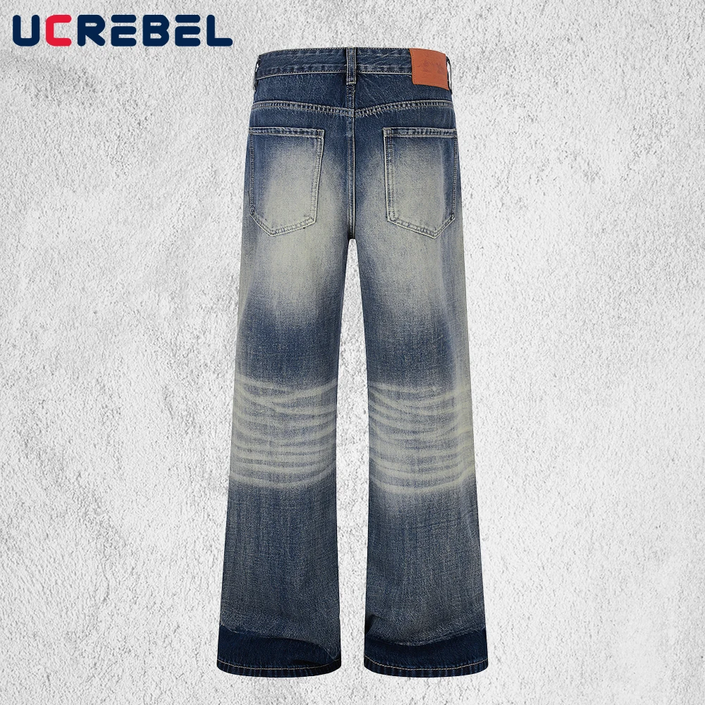 Ripped Hole Distressed Jeans Mens Whiskered Washed  Straight-leg Denim Pants Man