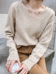 V Neck Autumn Winter Sweater Pullovers Women 2024 Loose Button Pullover Women Soft Sweater Jumper Fashion Tops